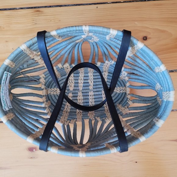 Sans-Arcidet Collection Designer Turquoise and Tan Raffia Woven Basket Bag - Picture 2 of 16